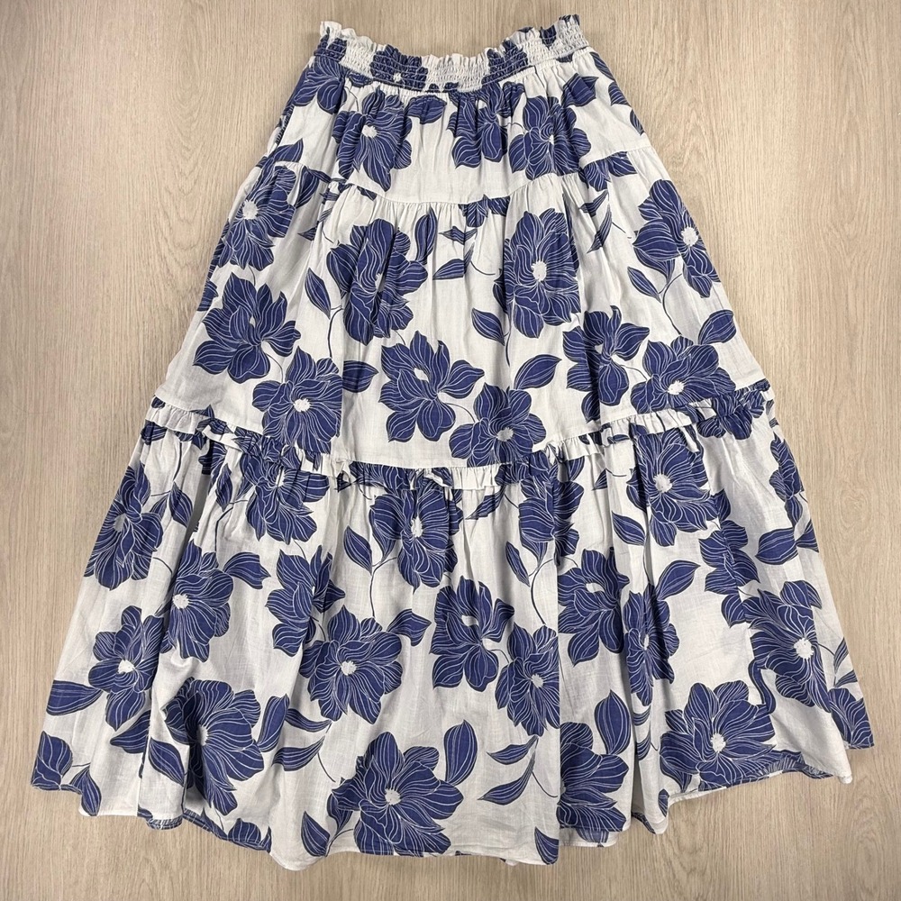 Draper James Blue White‎ Floral Smocked Tiered Midi Skirt Pockets Womens Large